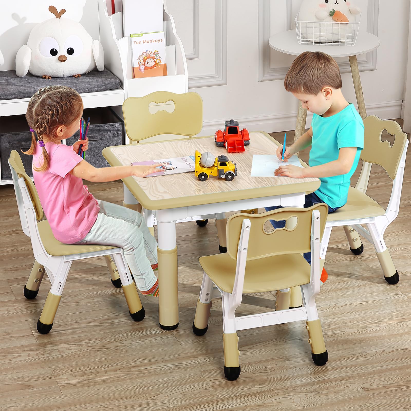 MilleLoom Kids Table and Chairs, Height Adjustable Children Table with 4 Chair Set, Kids Tables for Age 2-10, Graffiti Desktop, Children Multi-Activity Table for Classrooms,Daycares,Home