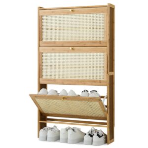 magshion narrow shoe cabinet for entryway slim thin bamboo freestanding shoe storage with flip drawers for hallway, living room, bedroom (natural, 47.5" x 27" x 7")