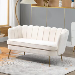 sinzho & wiyfun 59" w upholstered small loveseat sofa 2-seat couch settee love seat with gold metal legs for small space mini room, chenille fabric, beige