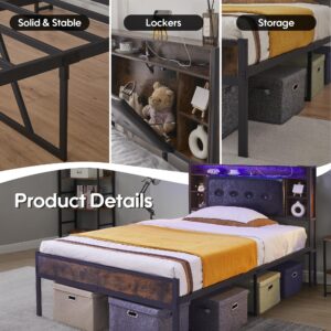 Full Size Bed Frames with Charging Station&LED Lights, Modern Metal Bed Frames with Upholstered Hidden Storage Headboard, Storage Space Under Bed, No Box Spring, Easy Assembly