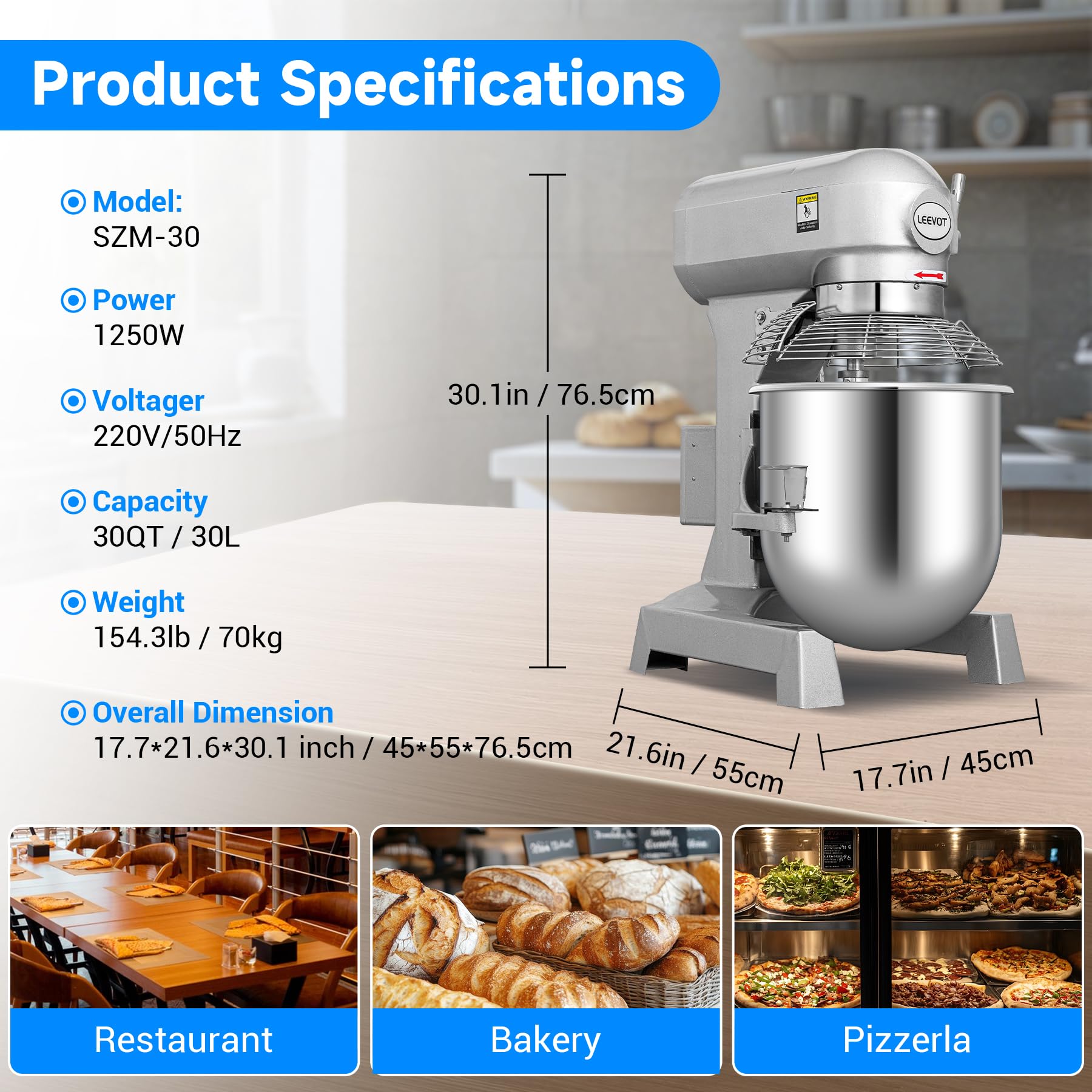 Ekway 30Qt Commercial Food Mixer, 1250W Commercial Mixer 3-Speeds Adjustable，Electric Heavy Duty Stand Mixer with Stainless Steel Bowl for Kitchenaid Bakery and Pizzeria