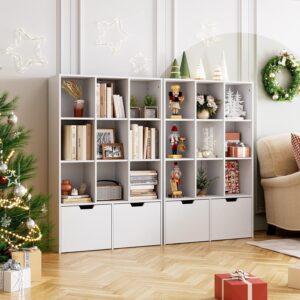 ELETHEBIA Bookcases Storage Organizer, 9 Cube Storage Organizer with 2 Drawers and 9 Open Freestanding Shelf, White Wood Bookshelf for Kids Room, Living Room, Office, Bedroom