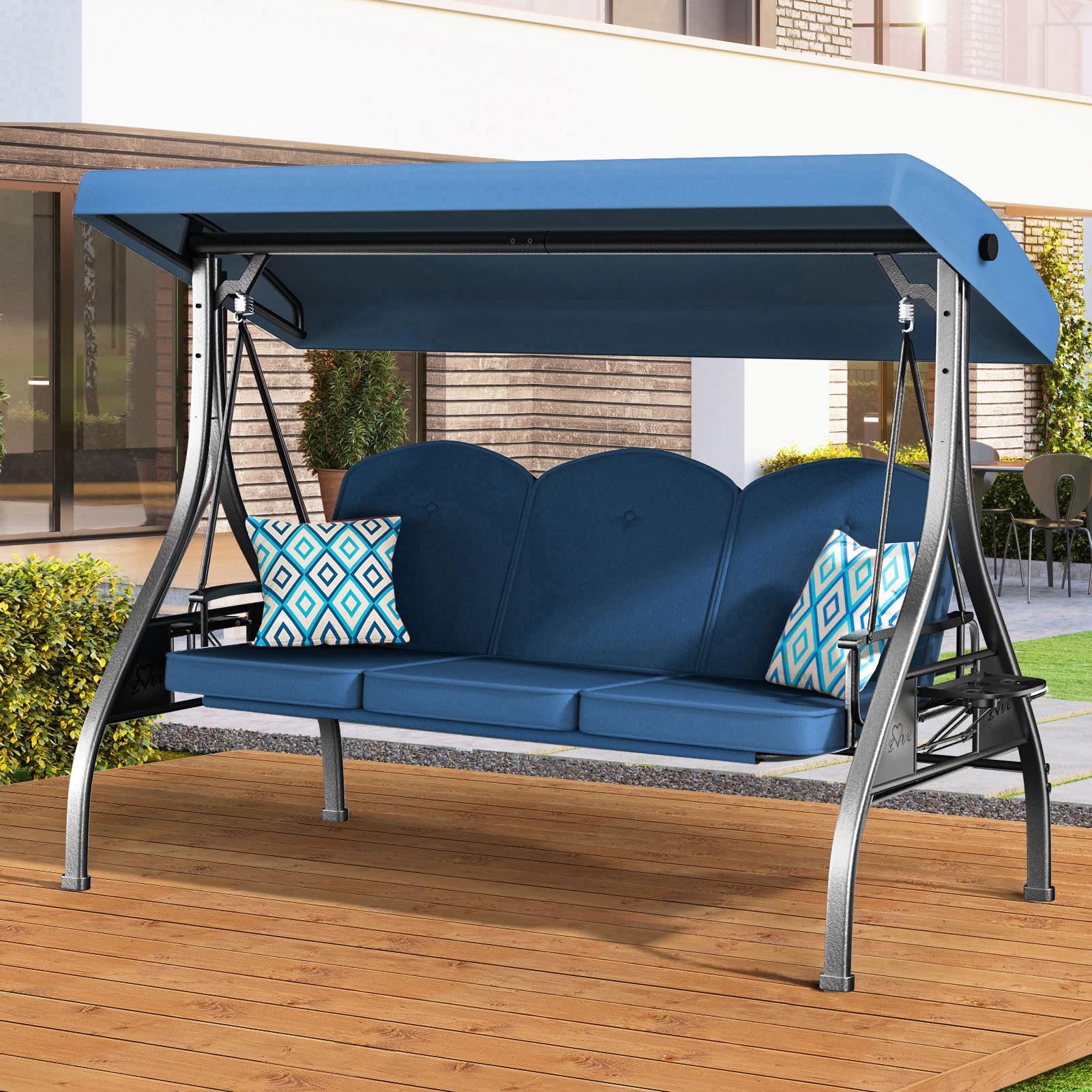 ZZW 3 Seat Outdoor Porch Patio Swing 800lbs 2-in-1 Patio Swing Glider Chair with Adjustable Canopy & Removable Cushion Outdoor Adult Swing with Stand for Yard Porch Garden Deck (Blue, Square Tube)