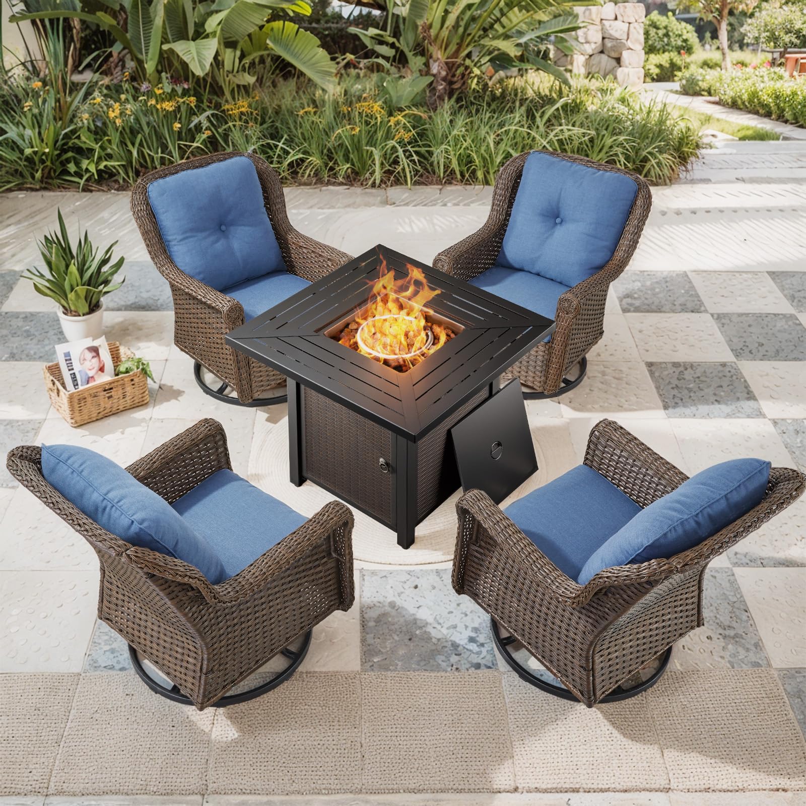 Bellefurn Patio Resin Wicker Furniture Set with Fire Pit Table, PE Rattan Swivel Patio Chairs with Propane Fire Pit Table, Brown Wicker 5PCS Patio Conversation Set with Outdoor Fire Table