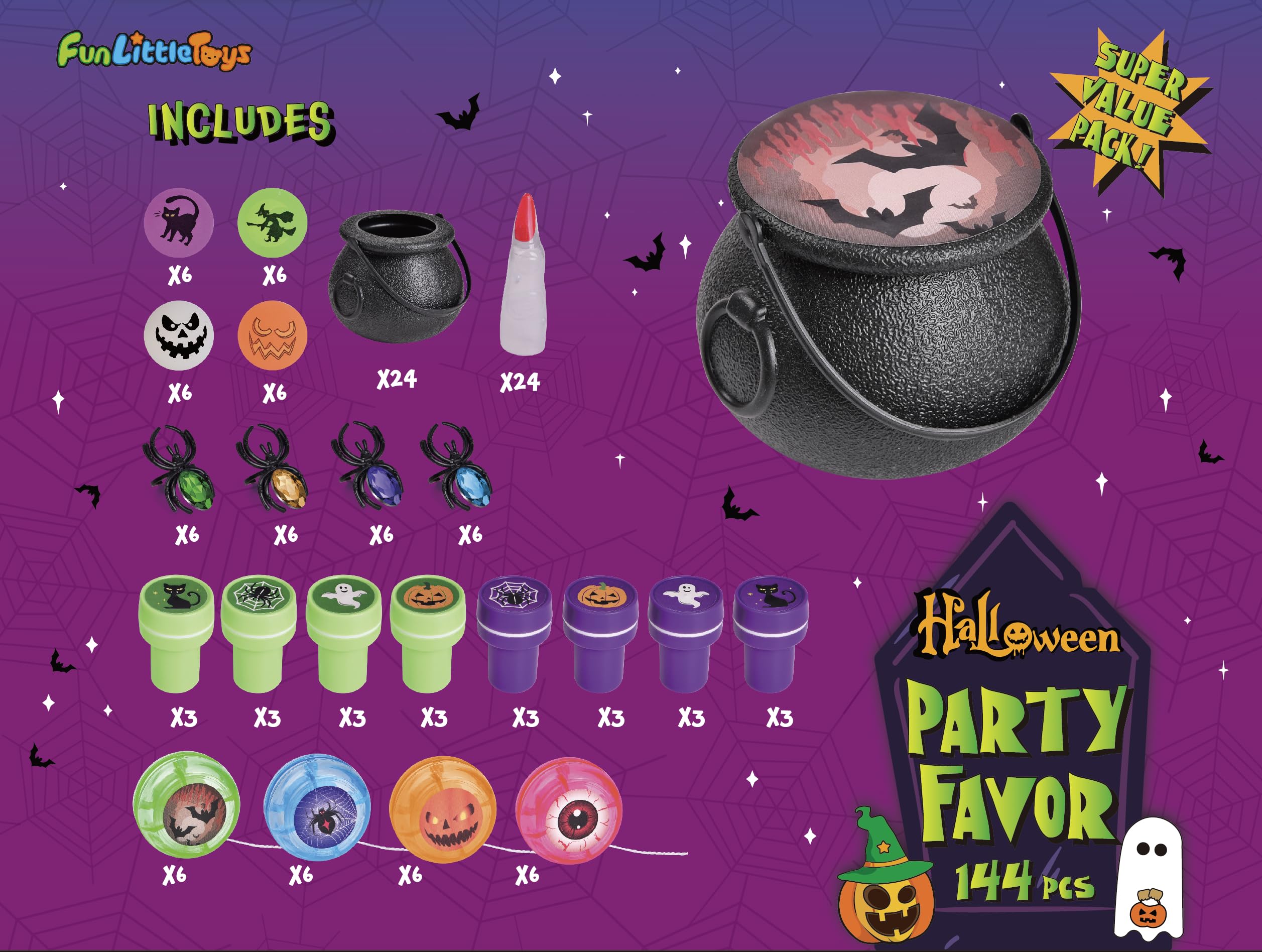 FUN LITTLE TOYS 24 Pack Prefilled Mini Plastic Witch Cauldron, Trick or Treat Toys in Bulk Small Halloween Buckets Pinata Prizes Gifts for Kids