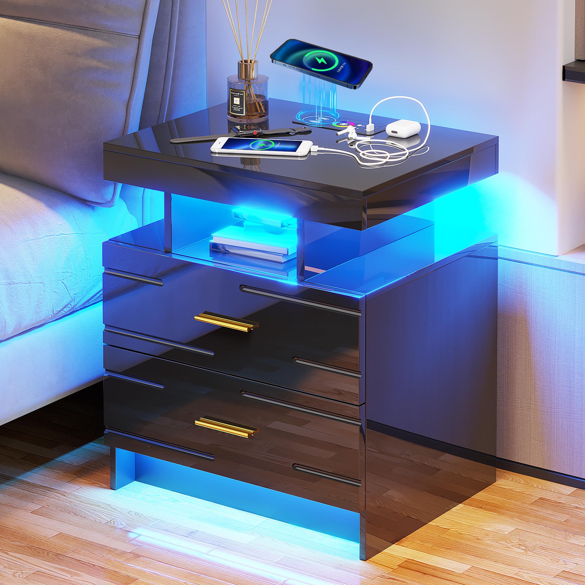 Lareth Smart Nightstand with LED Lights and Charging Station Wooden End Table with 2 Drawers High Glossy Bedside Cabinet Telephone Table for Bedroom Small Space, 20x16x23 inches, Black