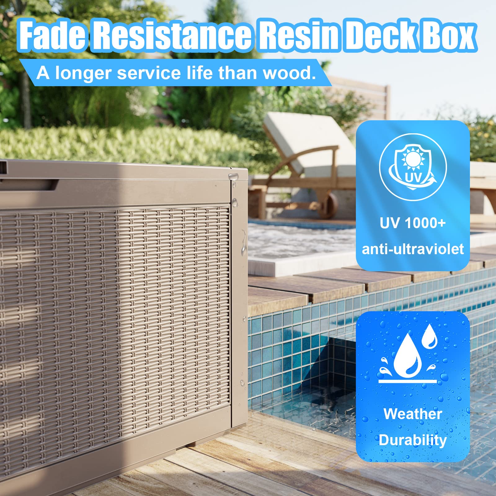 Vixzen 100 Gallon Resin Deck Box, Lockable Outdoor Storage Box for Patio Cushions Storage Furniture,Garden Tools, Pool Supplies, Weatherproof and UV Resistant- Light Brown