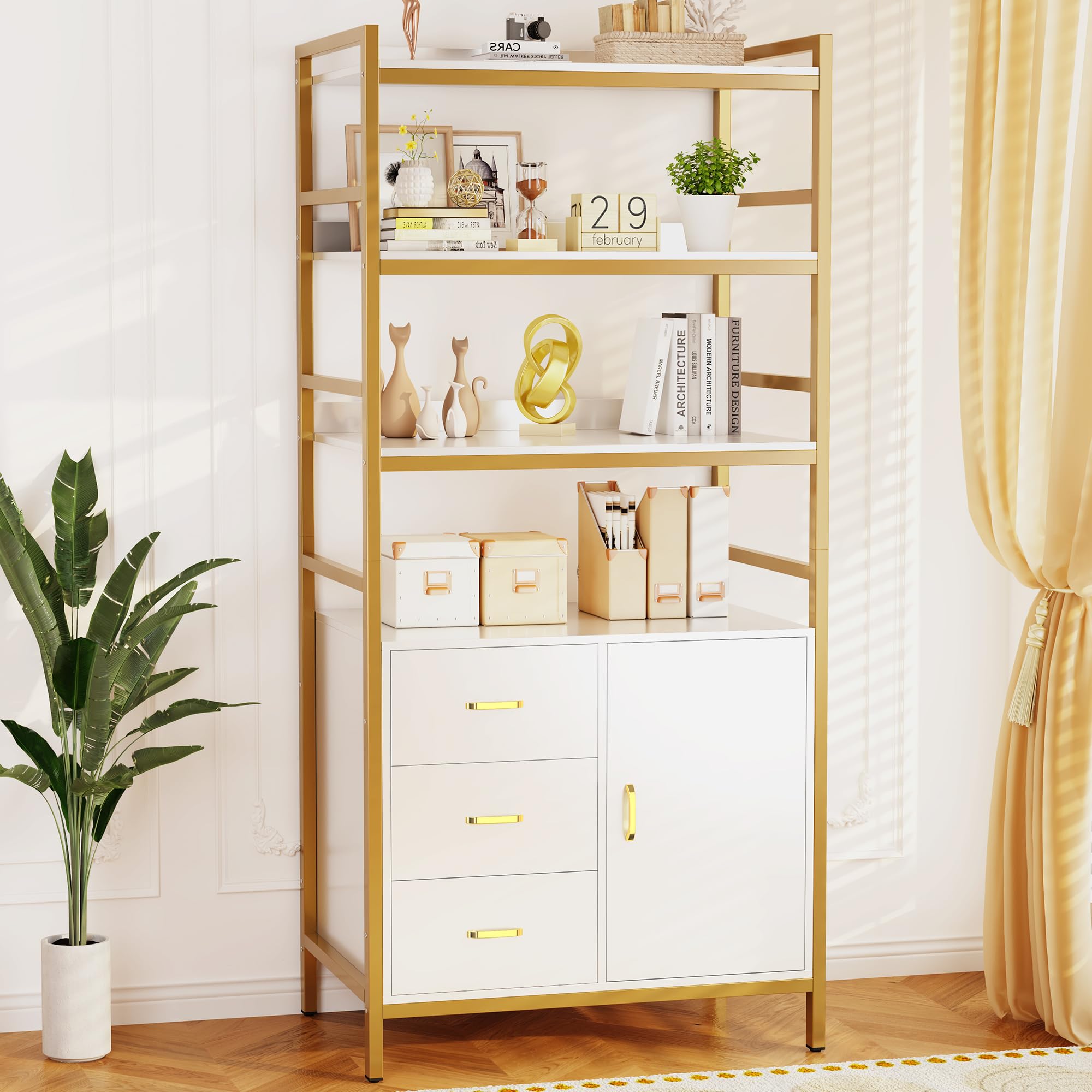 71" Tall Bookshelf with Storage Cabinet, Bookcase with Doors, Inter Adjustable shelf, 3 Wooden Drawers, 4 Tier Open Shelves, Modern Display Rack for Living Room, Kitchen, Home Office, White and Gold