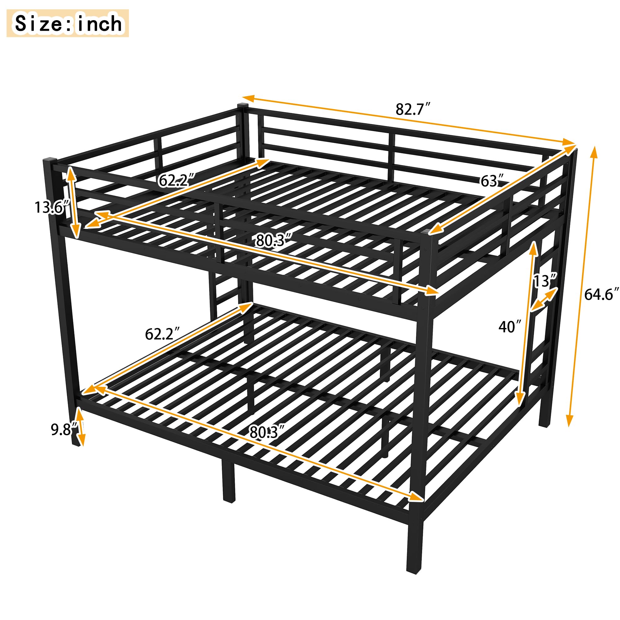 Bellemave Bunk Bed Queen Over Queen, Heavy Duty Metal Bunk Bed Frame, Queen bunk Bed for Adults, Adult bunk beds Heavy Duty, Queen Bunk Bed, Black