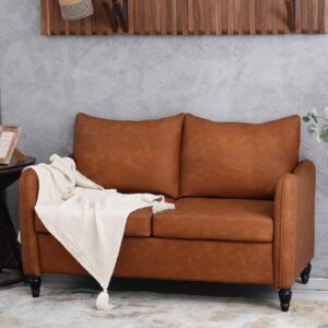 53" Small Loveseat Sofa,Mid Century Modern Love Seat Sofa Couch with PU Leather,2 Seat Small Couches for Small Spaces,Comfy Upholstered Sofa for Living Room,Bedroom,Dorm Office and Apartment(Brown)