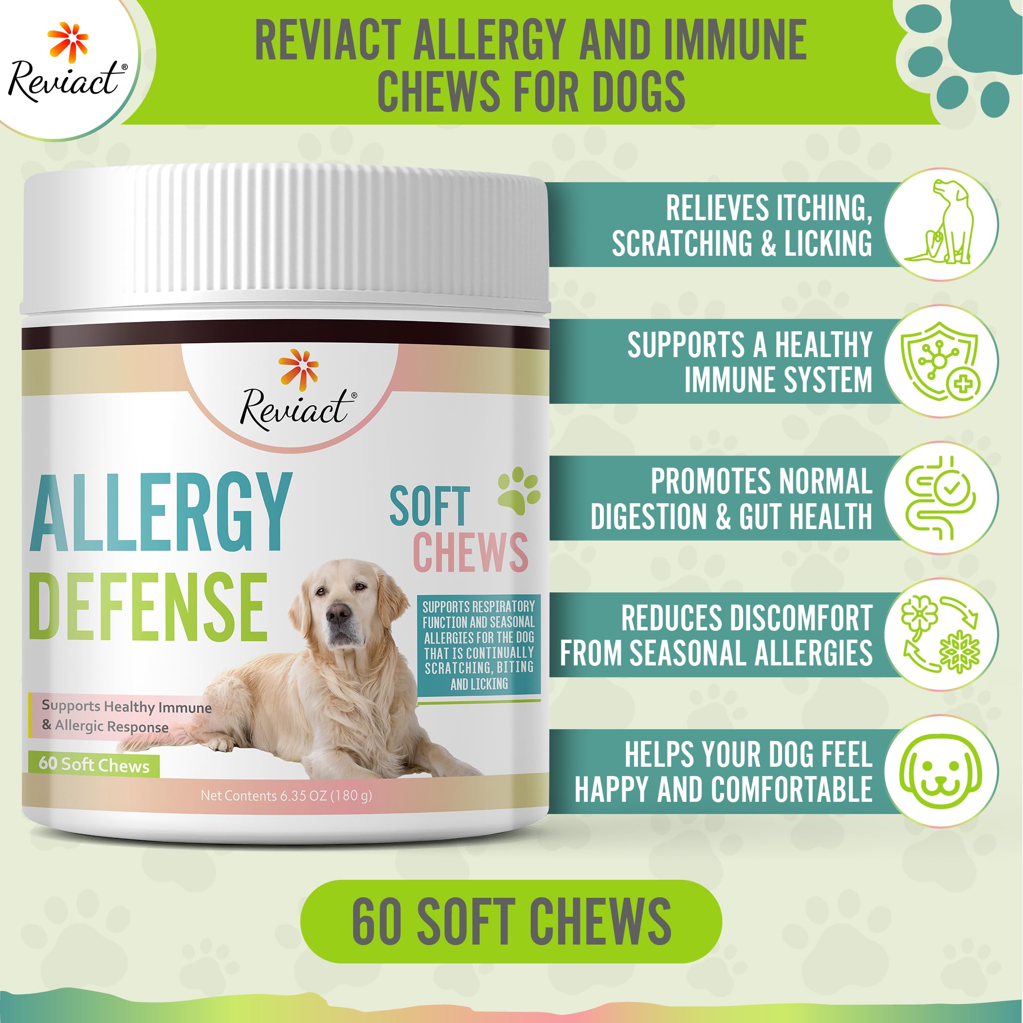 Reviact Allergy and Immune Chews for Dogs – Itch and Allergy Relief for Dogs with Probiotics, Digestive Enzymes – Pet Allergy Chews for Gut and Immune Support – Chewable Dog Allergy Treats - 60 Count