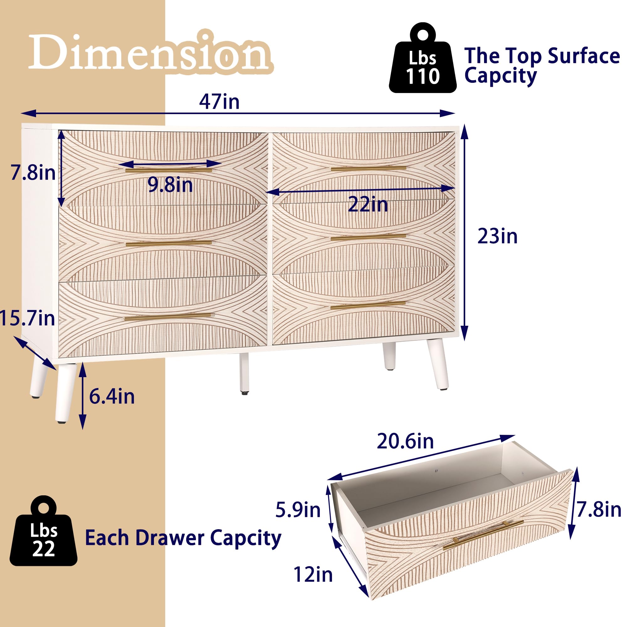 VINYUSE 6 Drawer Dresser, Dresser for Bedroom, Chest of Drawers with Metal Handle, Dresser TV Stand, Wood Drawer Organizer for Bedroom, Living Room, Enterway, Texture Beige