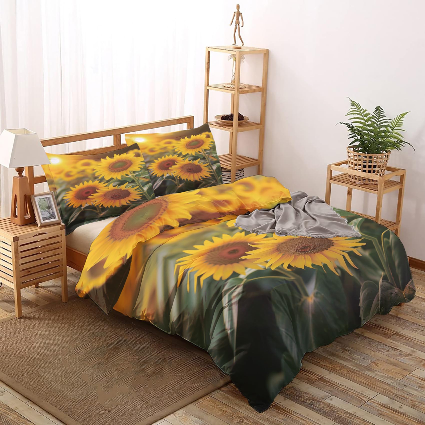 Epzthxlyr Sunflower Duvet Cover Queen Size, Sunshine Flowers Bedding Set 3 Pieces Set, Soft Microfiber, with Zipper and Corner Ties, Botanical Flower Comforter Cover 1 Duvet Cover + 2 Pillow Cases