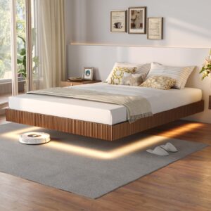 tatub walnut queen floating bed frame with led lights, fluted bed frame floating, mid century modern floating platform bed with heavy duty metal slats, no box spring needed