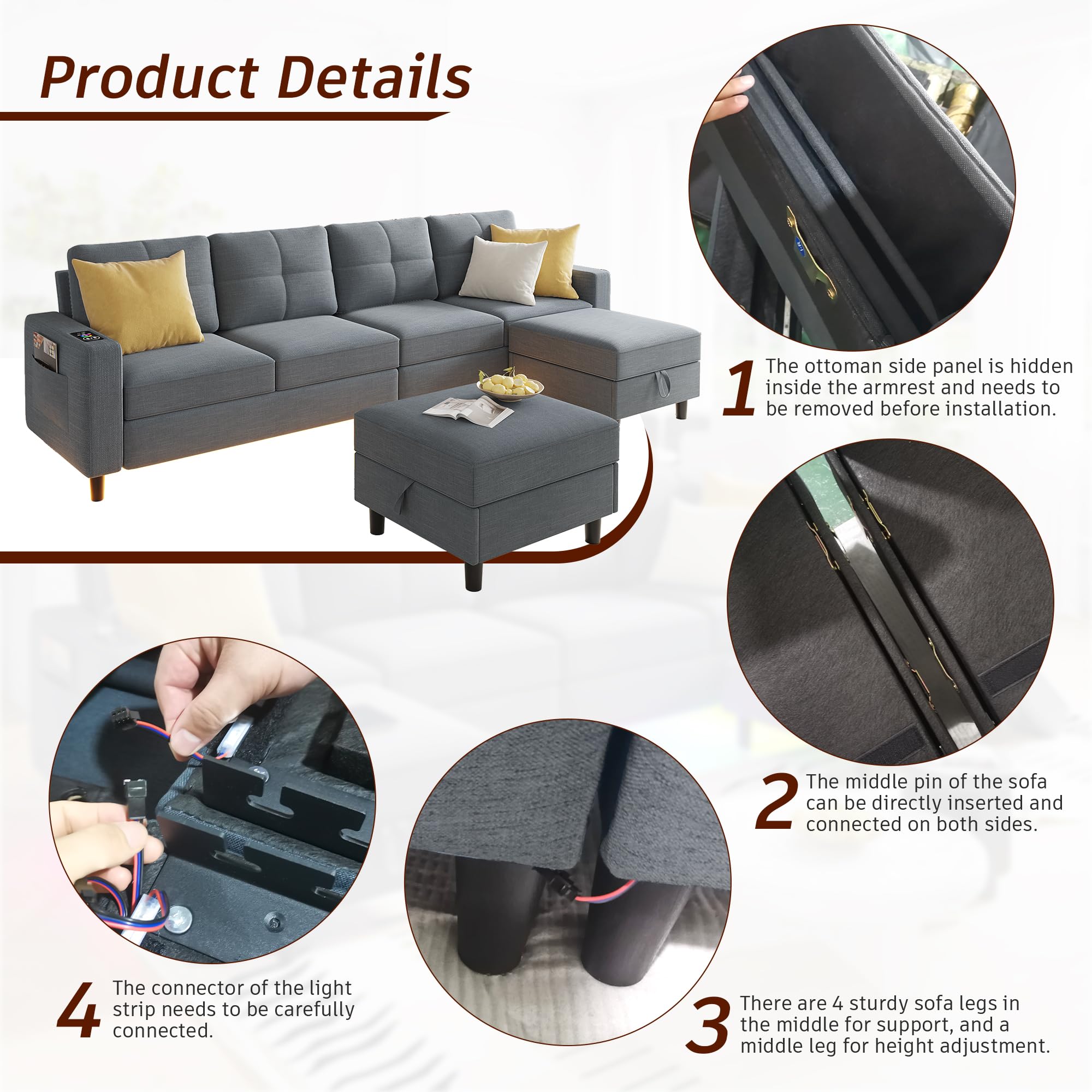 FOMNEY Sectional Couches for Living Room, LED Modular Sectional Sofa with Charging Station, 6 Seats U Shaped Couch with Storage, Ottomans, 6 Pieces Set Sectional Couch Grey Sofa Couch