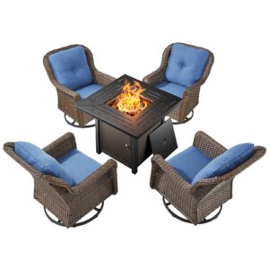 Bellefurn Patio Resin Wicker Furniture Set with Fire Pit Table, PE Rattan Swivel Patio Chairs with Propane Fire Pit Table, Brown Wicker 5PCS Patio Conversation Set with Outdoor Fire Table