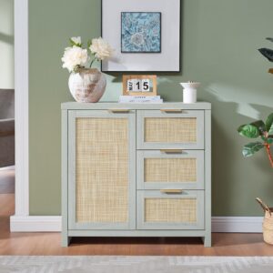 OAKHAM HOME Hampstead 3 Drawer Storage Cabinet Accent Storage Cabinet with Rattan Drawers, Buffet Kitchen Cabinet Sideboard Buffet with Adjustable Interior Shelves for Living Room, Hallway, Pale Oak