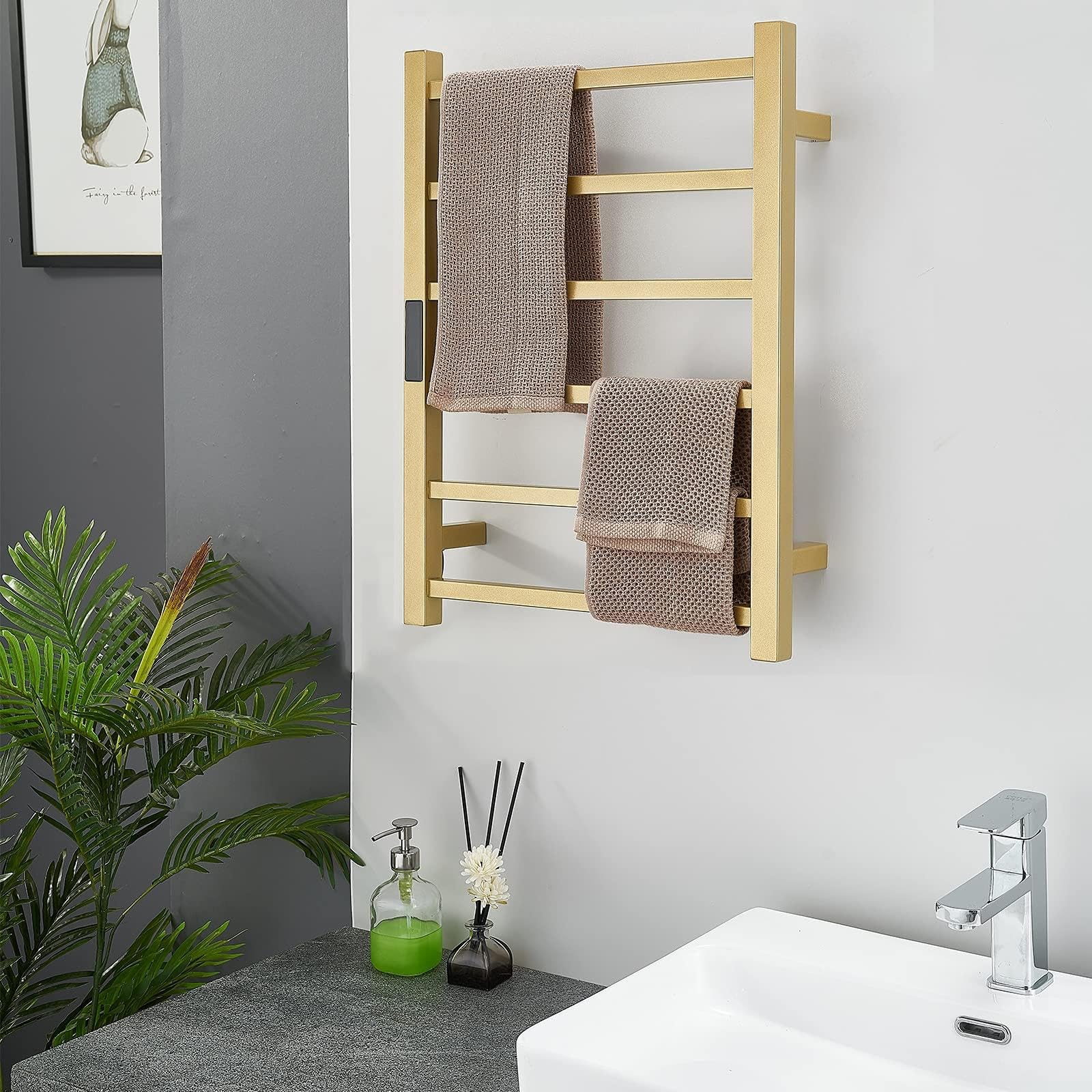 Heated Towel Warmer Rack, Wall Mounted Electric Towel Rail with Temperature Adjustment & Timer, 6 Bars Stainless Steel Drying Racks, Gold