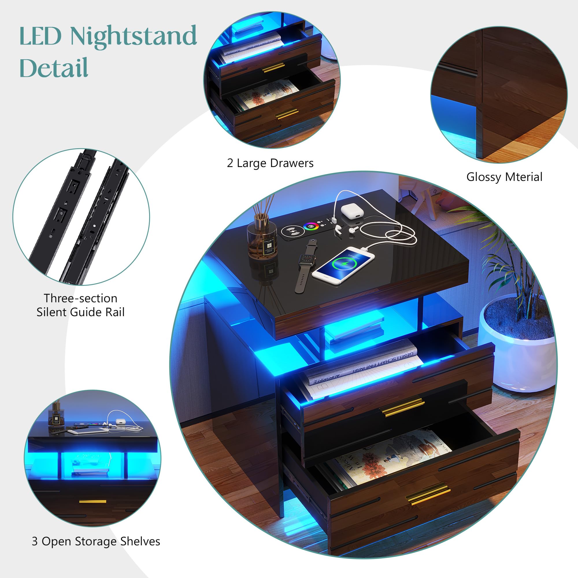 Lareth Smart Nightstand with LED Lights and Charging Station Wooden End Table with 2 Drawers High Glossy Bedside Cabinet Telephone Table for Bedroom Small Space, 20x16x23 inches, Black