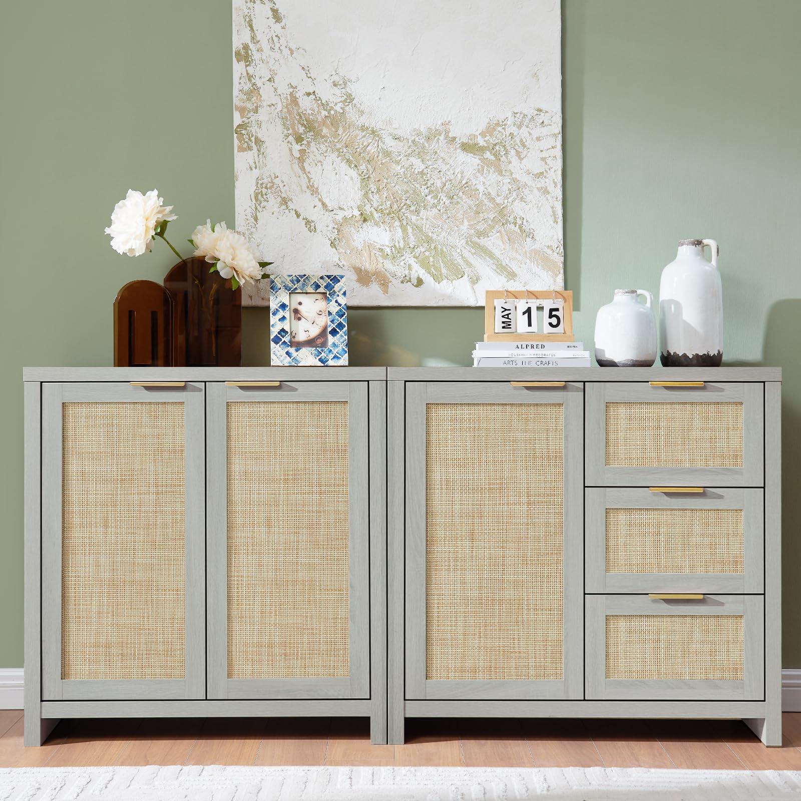 OAKHAM HOME Hampstead 3 Drawer Storage Cabinet Accent Storage Cabinet with Rattan Drawers, Buffet Kitchen Cabinet Sideboard Buffet with Adjustable Interior Shelves for Living Room, Hallway, Pale Oak