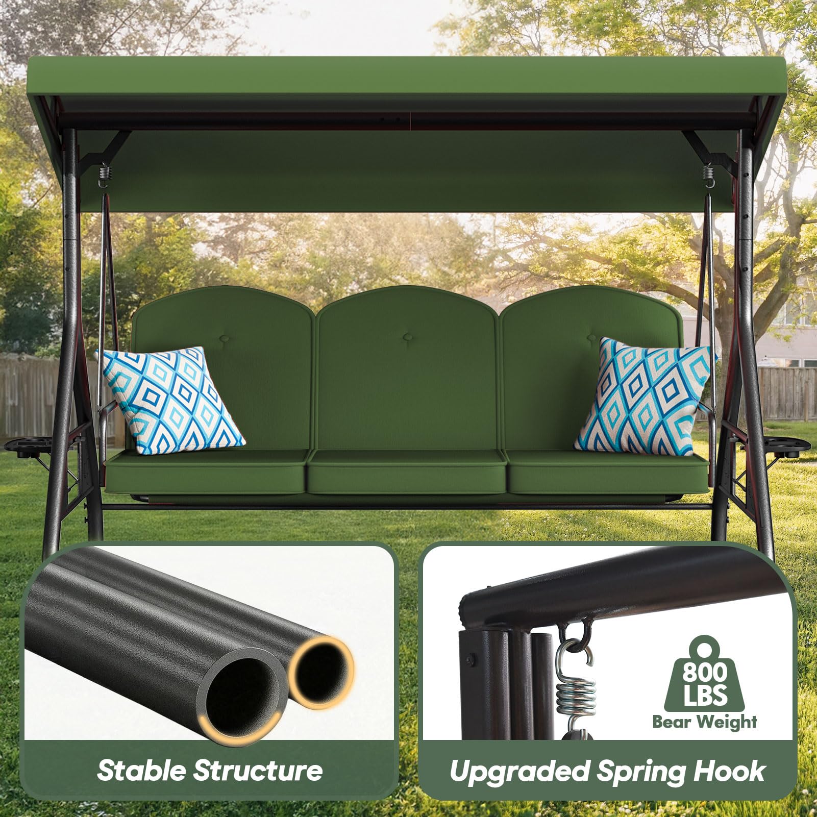 ZZW 3 Seat Outdoor Porch Patio Swing 800lbs 2-in-1 Patio Swing Glider Chair with Adjustable Canopy & Removable Cushion Outdoor Adult Swing with Stand for Yard Porch Garden Deck (Green, Square Tube)