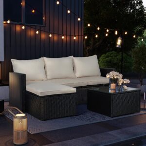 SUNLEI Patio Furniture Set with Detachable Soft Cushions, All Weather Outdoor PE Rattan Patio Conversation Sofa Set, 3-Piece Patio Sectional Sofa with Glass Coffee Table & Ottoman, Black Rattan/White