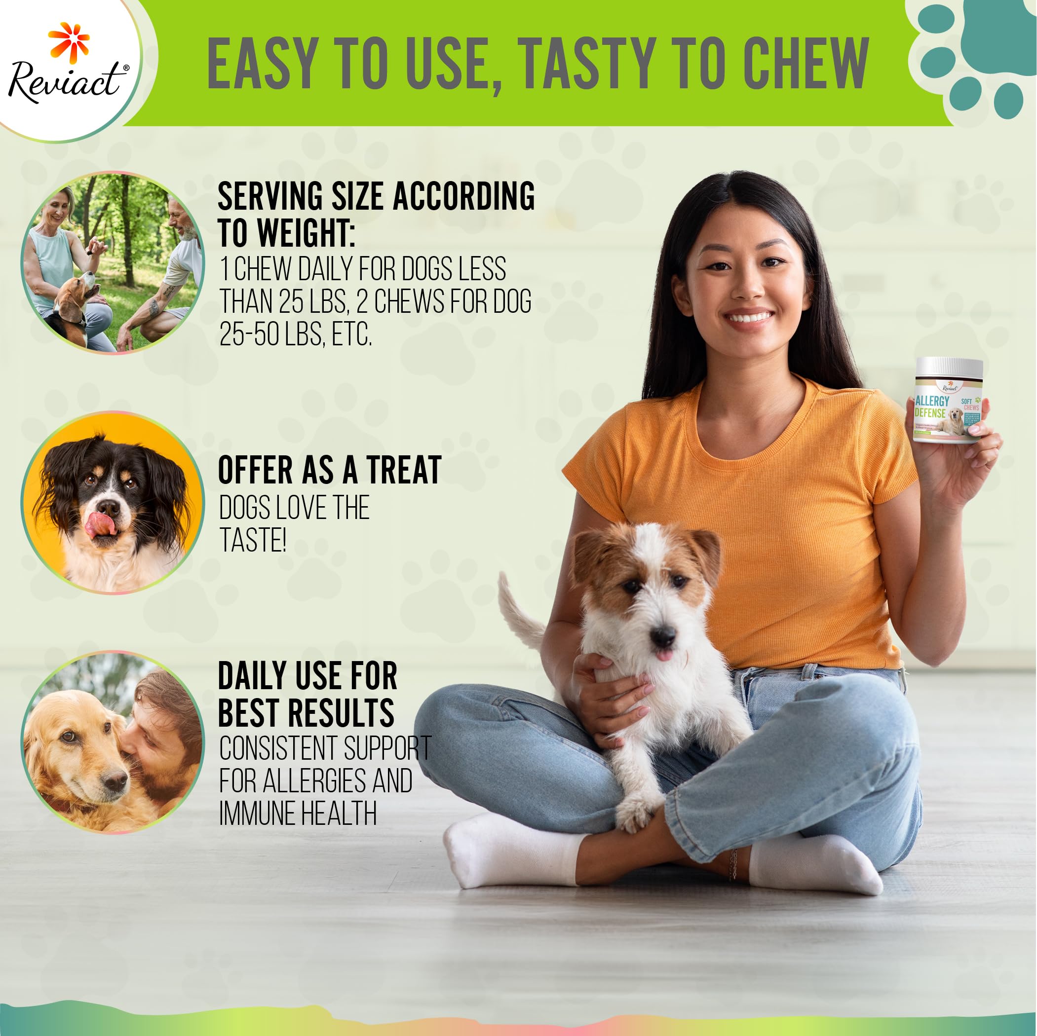 Reviact Allergy and Immune Chews for Dogs – Itch and Allergy Relief for Dogs with Probiotics, Digestive Enzymes – Pet Allergy Chews for Gut and Immune Support – Chewable Dog Allergy Treats - 60 Count