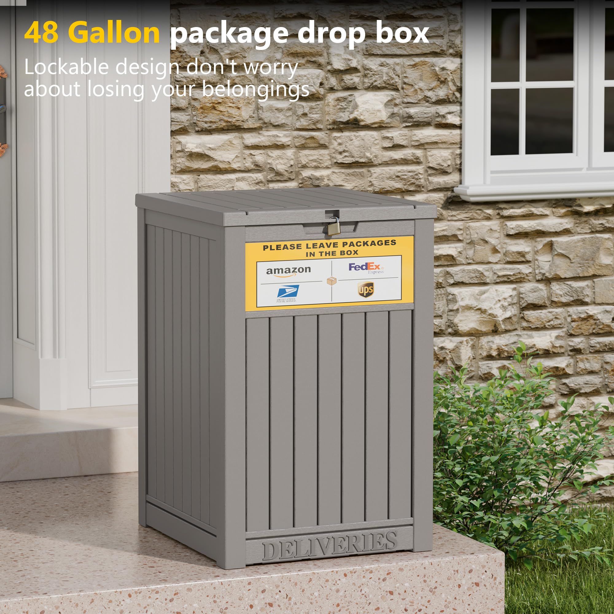 LHBGO Package Delivery Box for Porch with Delivery Sign, 48 Gallon Storage Box with Lockable Secure, Large Double Wall Resin Outdoor Package Delivery and Waterproof Deck Box