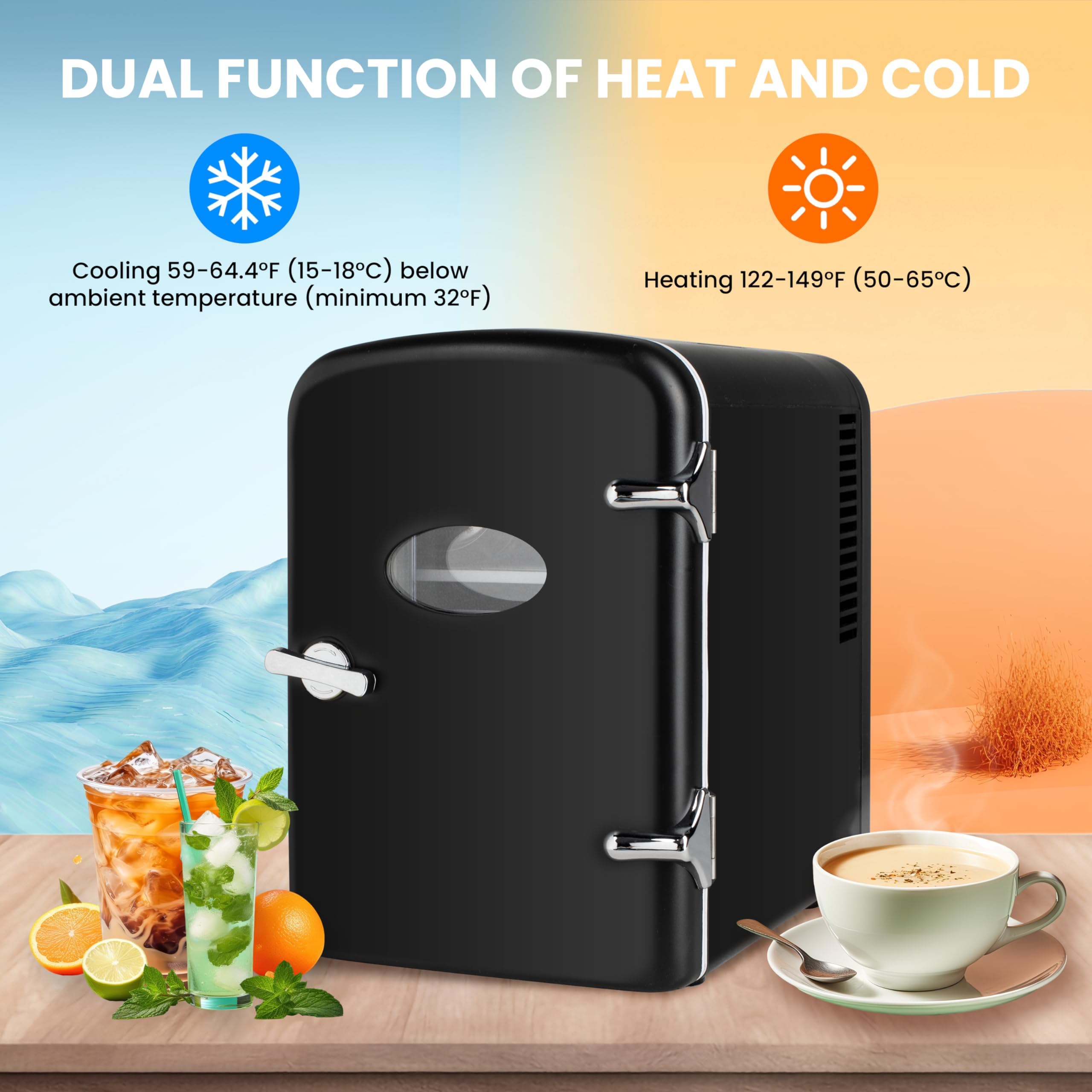 HealSmart Portable Mini Fridge, 4 Liter 6 Can Cooler and Warmer Compact Refrigerators with Observation Window, 100% Freon-Free & Eco Friendly for Drinks, 4L, Black