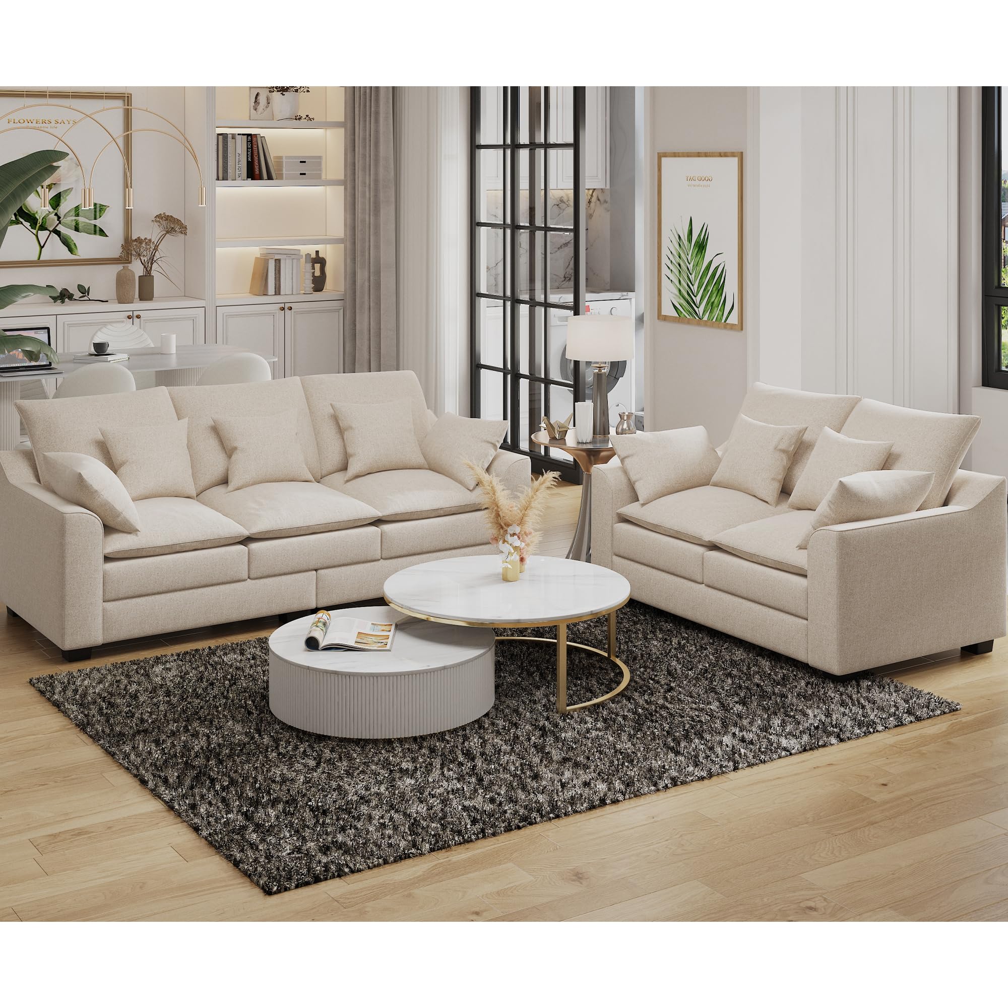 Dolonm Living Room Sectional Sofa Set, Modern Loveseat and Sofa with Double Layers Uphlostered Cushion and Sturdy Wooden Legs, Comfy 2 Pieces Home Sofa Set Living Room Beige Fluffy Couch