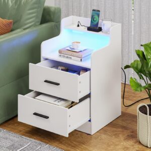 Nightstand with 2 Drawers, Nightstand Set of 2 with Led Light& Power Strip,15.7''Lx17.7''Wx26.8‘’H Night Stand for Bedroom,Bed Side Table with Charging Station,White