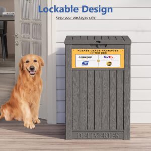 LHBGO Package Delivery Box for Porch with Delivery Sign, 48 Gallon Storage Box with Lockable Secure, Large Double Wall Resin Outdoor Package Delivery and Waterproof Deck Box