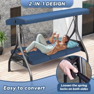 ZZW 3 Seat Outdoor Porch Patio Swing 800lbs 2-in-1 Patio Swing Glider Chair with Adjustable Canopy & Removable Cushion Outdoor Adult Swing with Stand for Yard Porch Garden Deck (Blue, Square Tube)