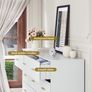 Angel Sar 9 Drawer Dresser for Bedroom, Modern White Dresser, Long Chest of Drawers with Golden Handles, Leg Free Design & Smooth Slides, Double Drawer Dresser for Closet, Sturdy Wooden Dresser