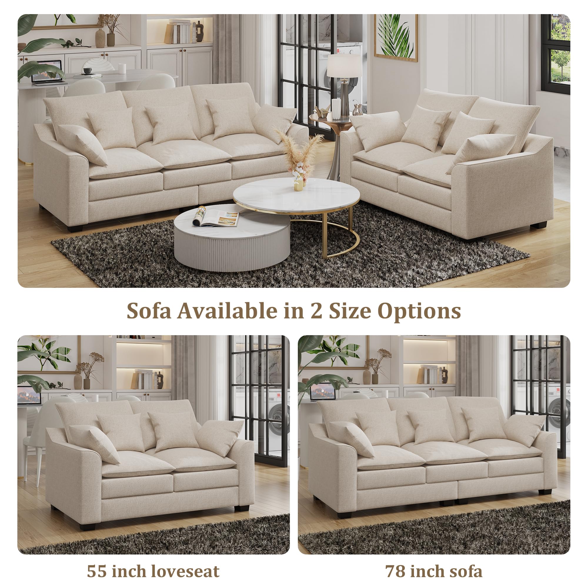 Dolonm Living Room Sectional Sofa Set, Modern Loveseat and Sofa with Double Layers Uphlostered Cushion and Sturdy Wooden Legs, Comfy 2 Pieces Home Sofa Set Living Room Beige Fluffy Couch