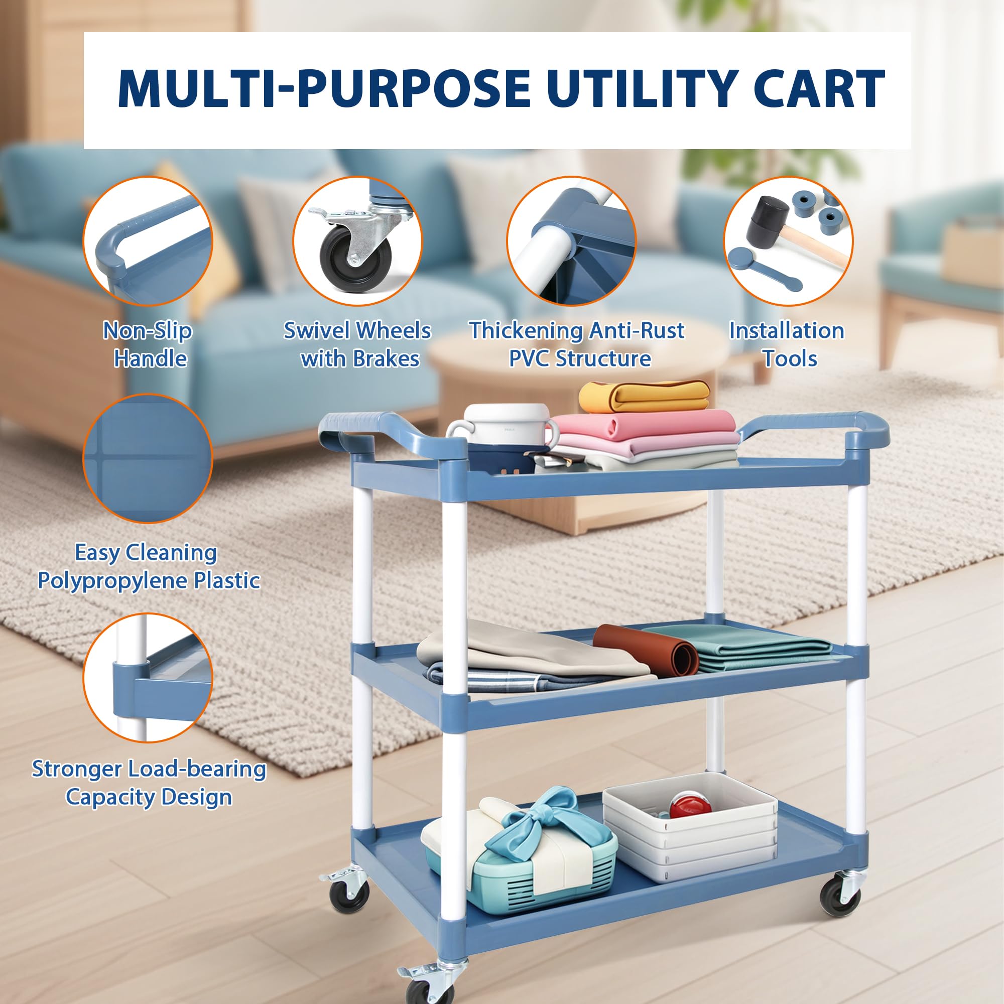 RAYOCON 3-Tier Large Plastic Service Utility Cart, Food-Service Rolling Cart with Wheels Heavy Duty Commercial Rolling for Restaurant,Household,Office (19.7" D x 39.4" W x 40.2" H)