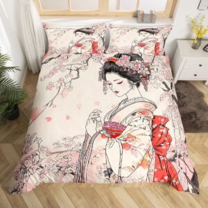 feelyou kids japanese geisha bedding set king size boys girls cherry blossoms comforter cover set japanese style duvet cover japanese tradition aesthetic bedspread cover (no comforter)