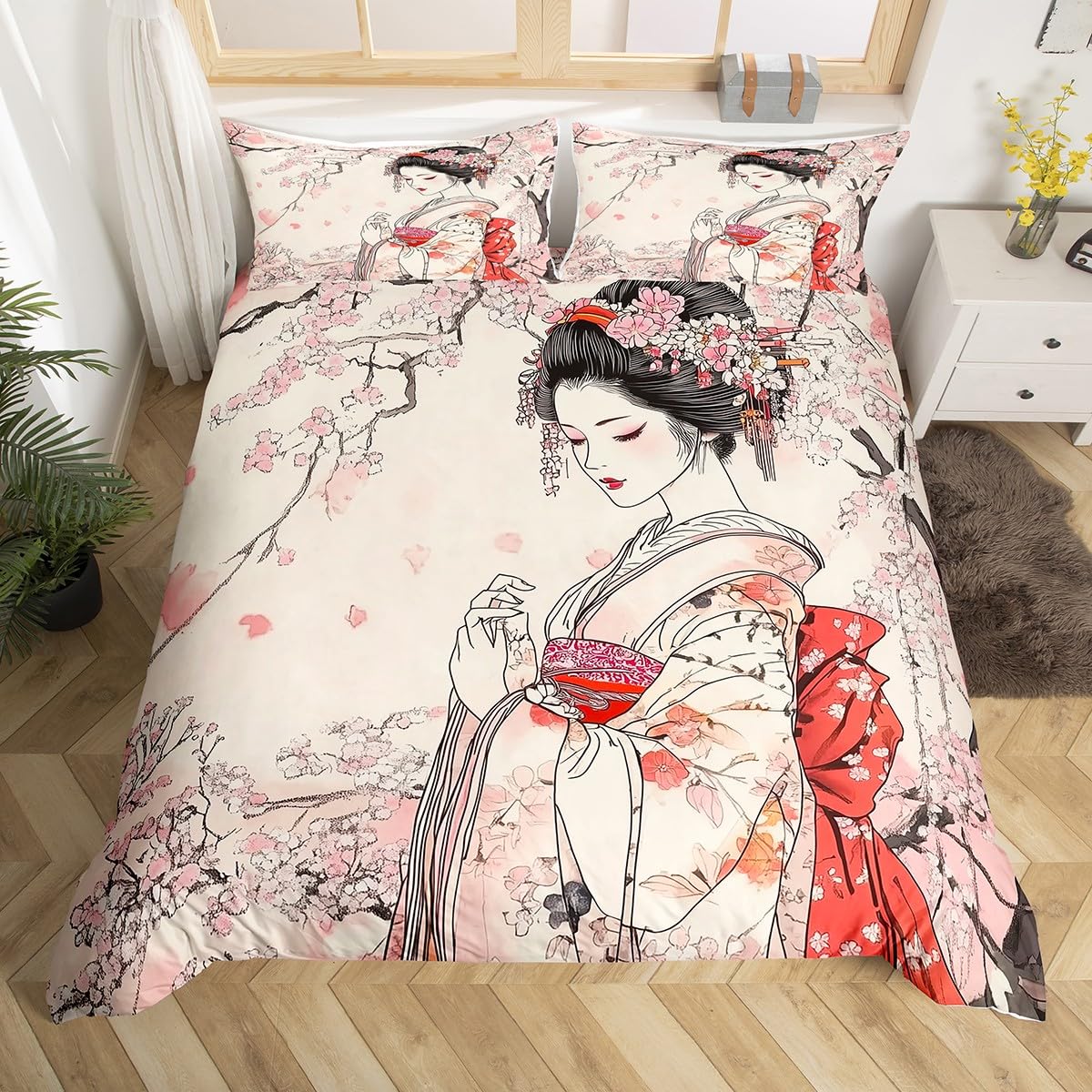 Feelyou Kids Japanese Geisha Bedding Set King Size Boys Girls Cherry Blossoms Comforter Cover Set Japanese Style Duvet Cover Japanese Tradition Aesthetic Bedspread Cover (No Comforter)