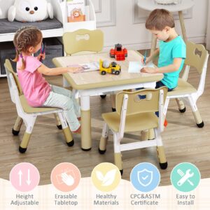 MilleLoom Kids Table and Chairs, Height Adjustable Children Table with 4 Chair Set, Kids Tables for Age 2-10, Graffiti Desktop, Children Multi-Activity Table for Classrooms,Daycares,Home