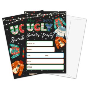 fbitey christmas party invitations, 25 ugly sweater xmas invites with envelops for christmas new year birthday bridal baby shower, festival winter decor favor-b04