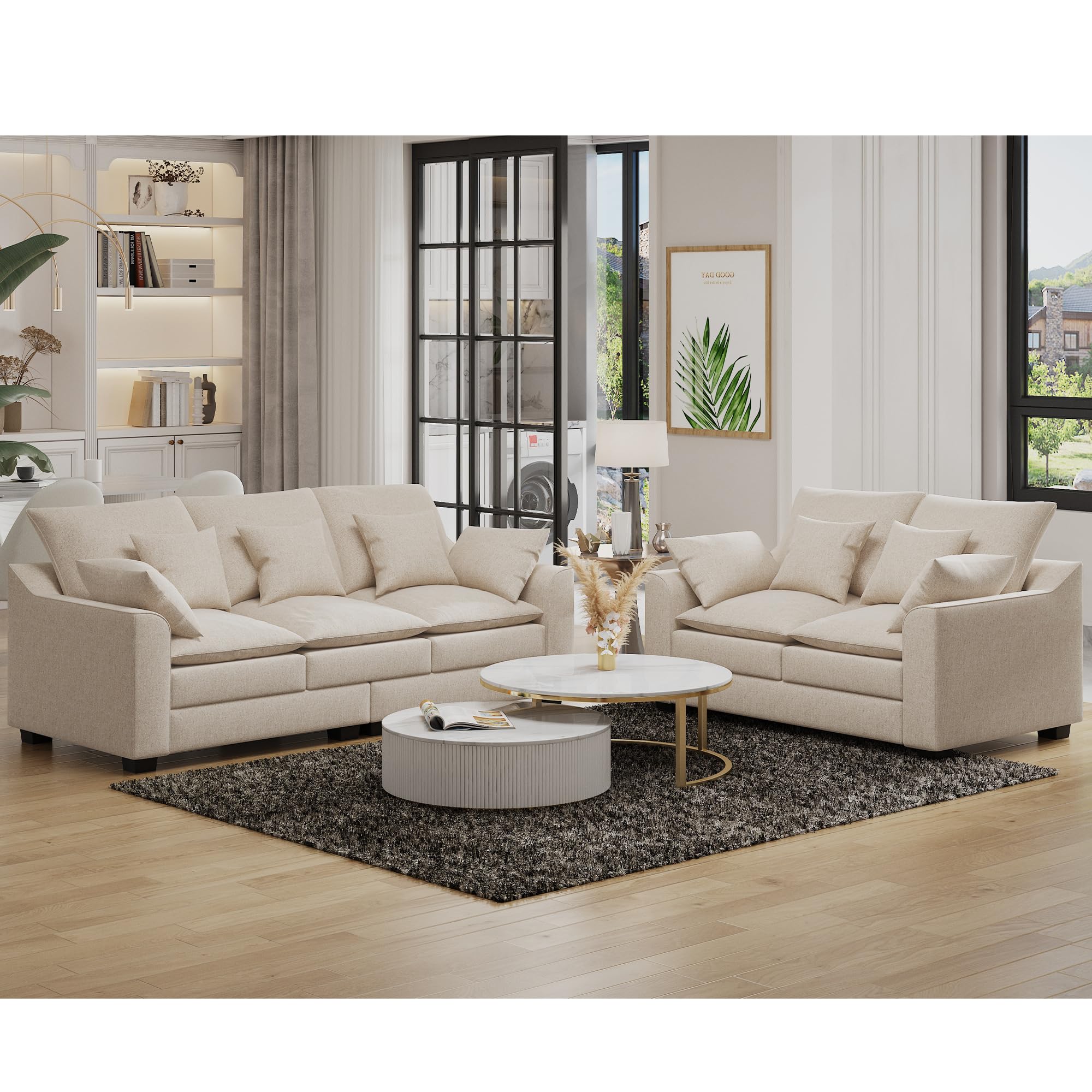 Dolonm Living Room Sectional Sofa Set, Modern Loveseat and Sofa with Double Layers Uphlostered Cushion and Sturdy Wooden Legs, Comfy 2 Pieces Home Sofa Set Living Room Beige Fluffy Couch