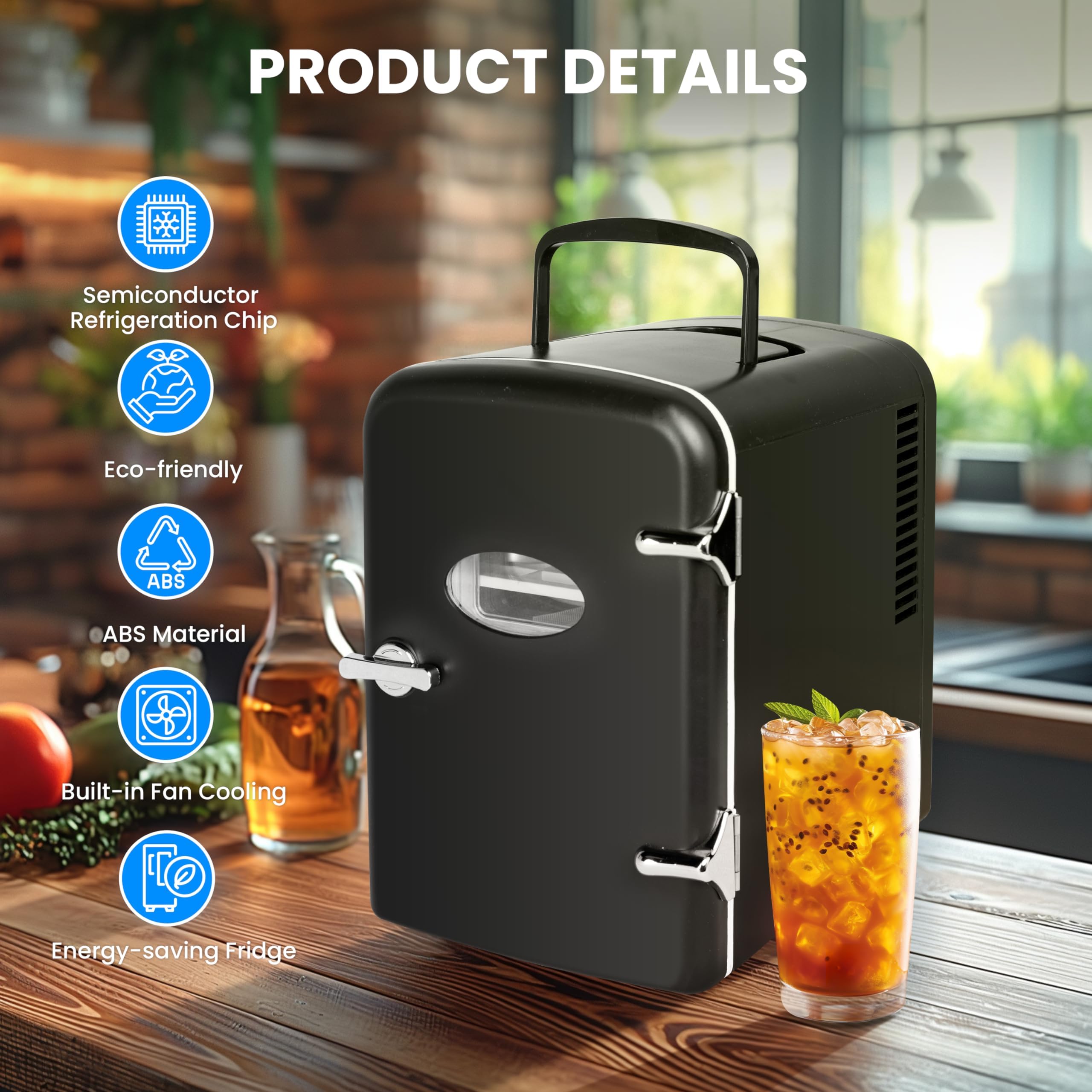 HealSmart Portable Mini Fridge, 4 Liter 6 Can Cooler and Warmer Compact Refrigerators with Observation Window, 100% Freon-Free & Eco Friendly for Drinks, 4L, Black