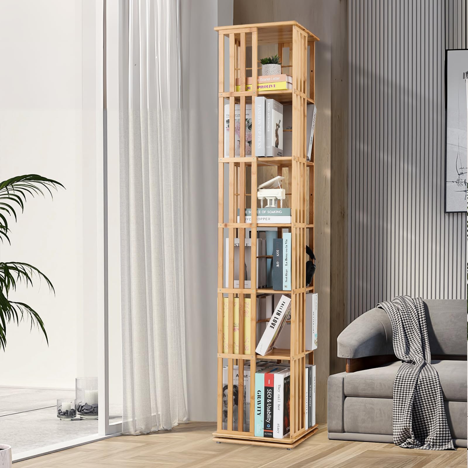 Magshion Rotating Bookcase 6-Tier Corner Shelf Bamboo Media Storage, 71" High Revolving Floor Standing Storage Organizer for Living Room, Natural