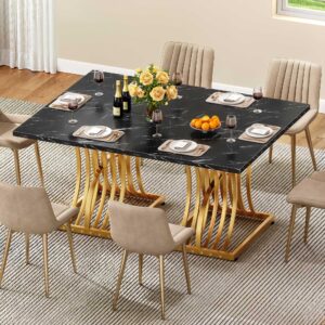 DWVO Modern Dining Table for 4 People 47 Inch Rectangular Kitchen Table with Faux Marble Tabletop and Gold Geometric Legs Small Dinner Table Kitchen & Dining Room Furniture Black & Gold