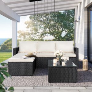 sunlei patio furniture set with detachable soft cushions, all weather outdoor pe rattan patio conversation sofa set, 3-piece patio sectional sofa with glass coffee table & ottoman, black rattan/white