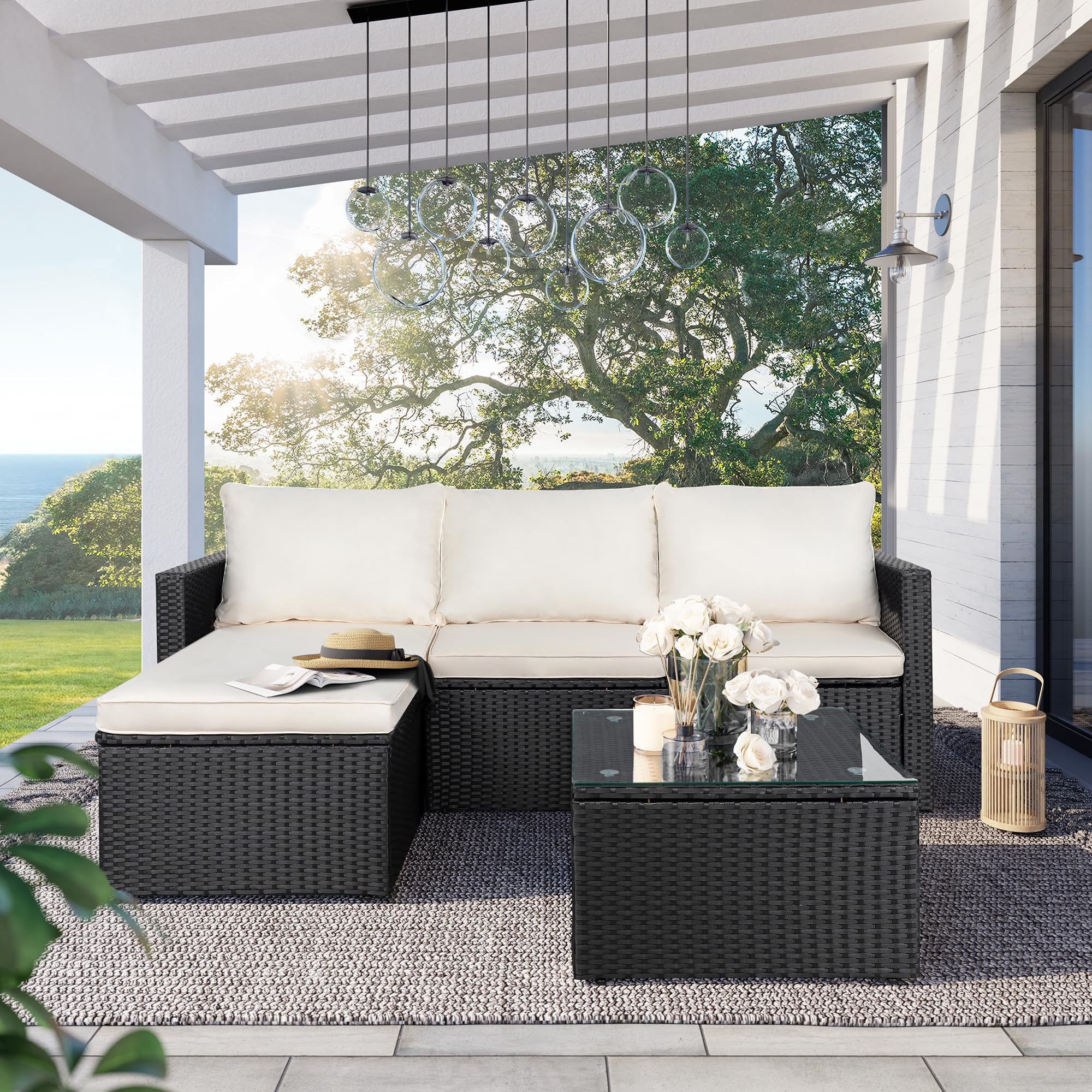 SUNLEI Patio Furniture Set with Detachable Soft Cushions, All Weather Outdoor PE Rattan Patio Conversation Sofa Set, 3-Piece Patio Sectional Sofa with Glass Coffee Table & Ottoman, Black Rattan/White