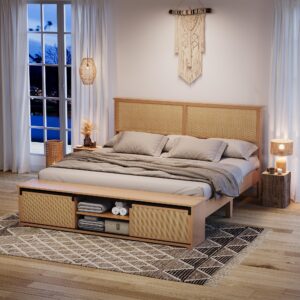 GarveeHome Natural Rattan Queen Size Bed Frame with Sliding Barn Door Storage Cabinets and LED Light Headboard, Boho Farmhouse Wood Platform Bed with Solid Wood Legs Support, No Box Spring Needed