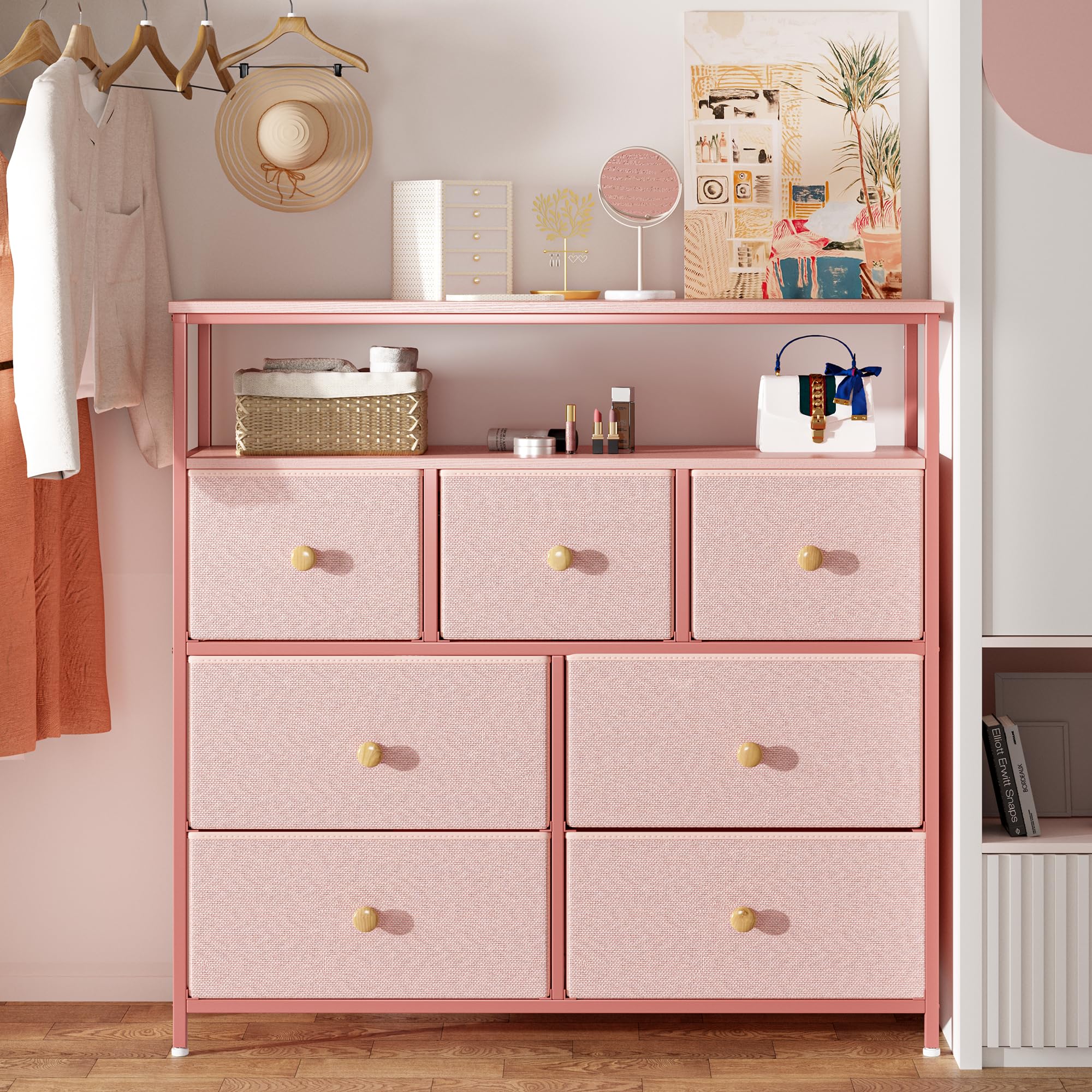 EnHomee Pink Dresser for Bedroom Dresser with 7 Drawers & 2 Shelves,Fabric Dressers & Chests of Drawers for Room, Closet,Lightweight