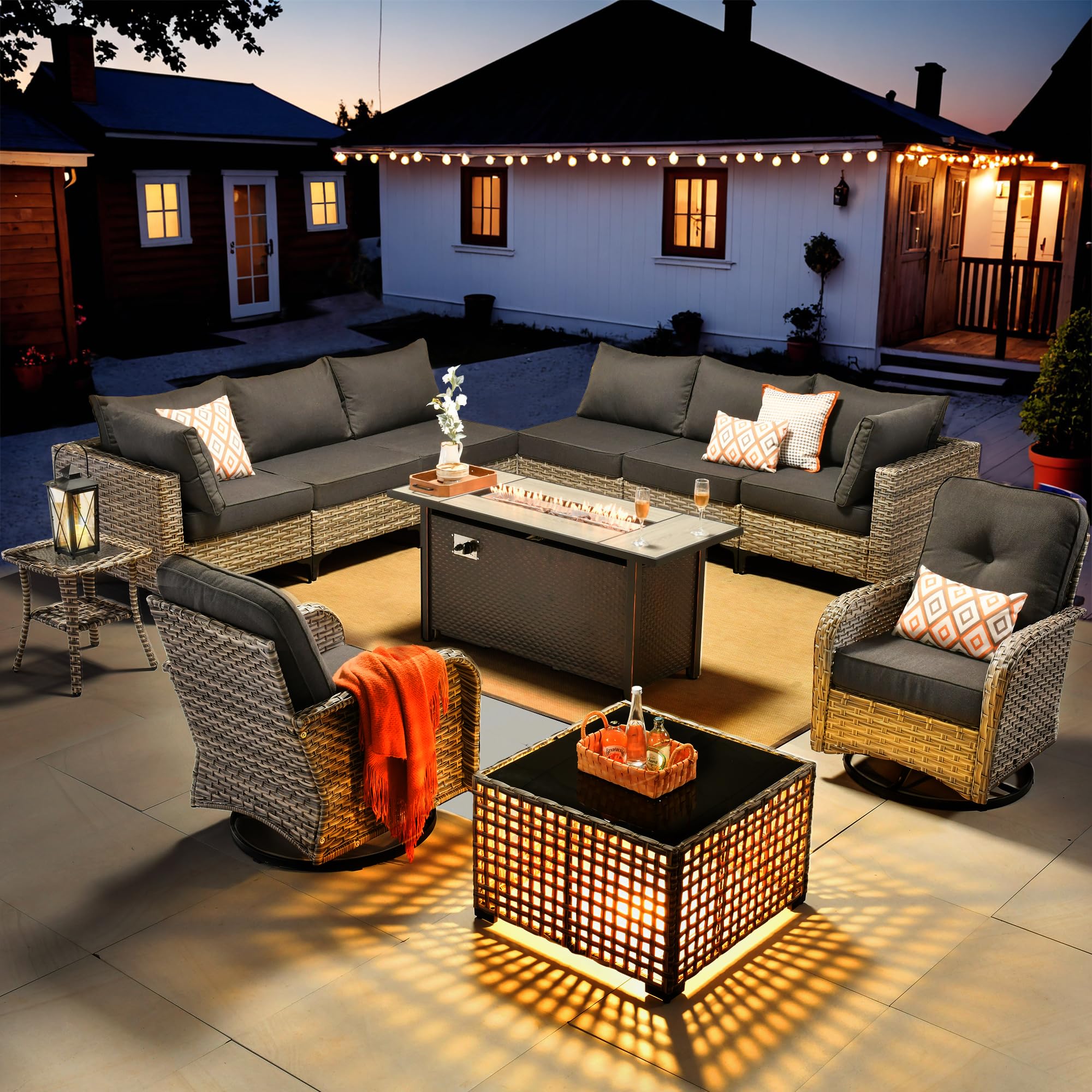 HOOOWOOO Outdoor Patio Furniture Set with Fire Pit Table,11 Pieces Wicker Out Door Sectional Furniture L Shaped Couch,Outside Patio Conversation Sets Swivel Chair,Black