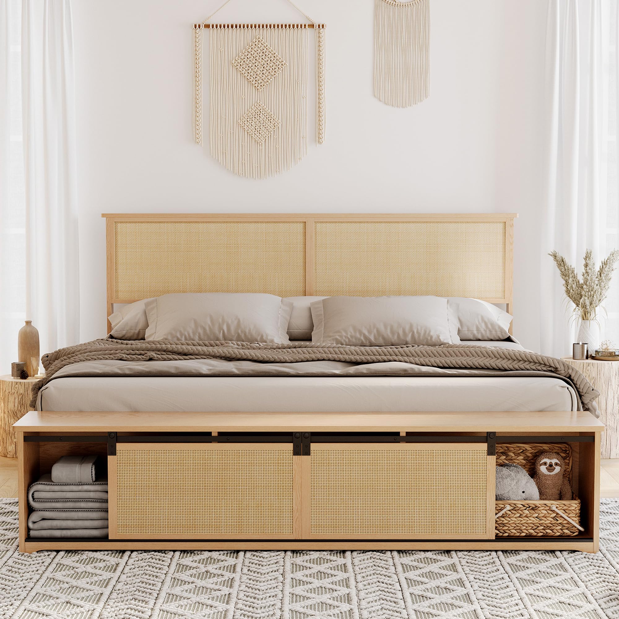 GarveeHome Natural Rattan Full Size Bed Frame with Sliding Barn Door Storage Cabinets and Headboard, Boho Farmhouse Wood Platform Bed with Solid Wood Legs Support, No Box Spring Needed